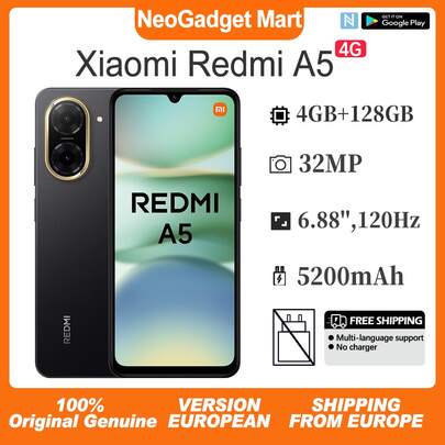 Xiaomi Redmi A5 4G, Smartphone, 4GB+128GB, Display Schermo Grande 6,88", Frequenza di Aggiornamento 120Hz, Processore UNISOC T7250, Fotocamera 32MP, Ricarica Rapida 15W, Batteria 5200mAh, Dual SIM, Midnight Black, Versione Telefono Cellulare Europa