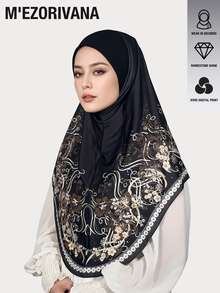 1pc Floral Print Bohemian Polyester Chiffon Hijab With Rhinestone Embellished Brim, All Season - One-piece Diamond-encrusted Hat With Brim - View 9