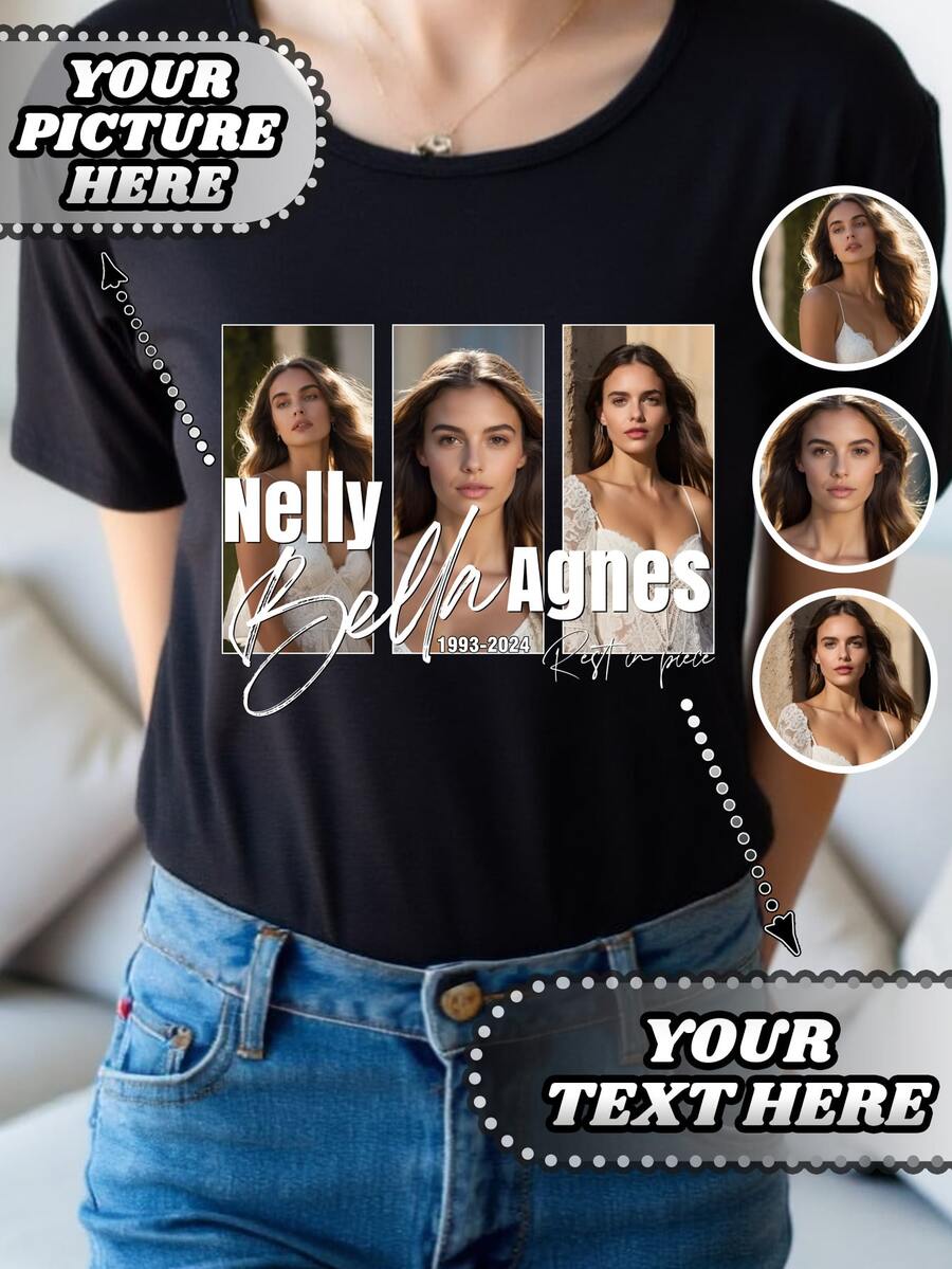 Customized Loose T-Shirt With Text & Graphic, Personalized Family Reunion Group Outfit, Customize Your Text & Photo/Couple/Family/Pet/Friend For Music Festival, Autumn Clothing, Women's Top, Holiday Gift, Valentine's Day Gift, Anniversary Gift, Wedding Gift, Best Friend Gift, Music Festival Women Apparel - Black - View 1