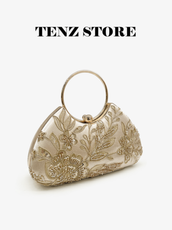Women Elegant Gold Embroidered Sequin Evening Bag With Ring Handle And Long Crossbody Chain, Perfect For Valentine's Gifts, New Year Parties And Spring Weddings