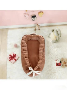 灰色和棕色便携式婴儿睡篮，带拉链，可拆卸旅行婴儿床，适合0-1岁宝宝 - 彩色 - 查看 5