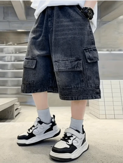 Quần short denim cho bé trai, mẫu thời trang mới mùa hè 2026, quần short cargo thường ngày cho trẻ lớn.