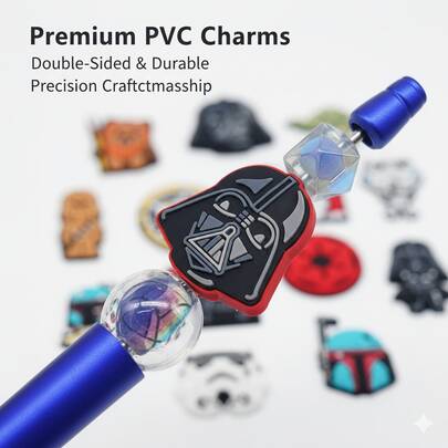 Star Wars 星球大战主题DIY串珠套装，包含笔配件，饰有色彩缤纷的曼达洛人角色。这款DIY笔套装可让您创作出极具创意的笔饰工艺品，是学生或派对礼物的理想之选。（不含笔）套装还包含丘巴卡主题的魔杖形状硅胶珠，带有孔洞，可用于制作珠宝，也适用于装饰笔、钥匙扣和鞋子。这款耐用的手工材料是绝佳的生日礼物。