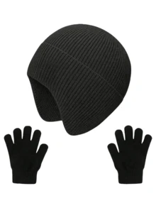 2pcs/Set Kids Winter Warm Earflap Hat & Gloves, Thick Knitted Beanie - 2pcs - View 1