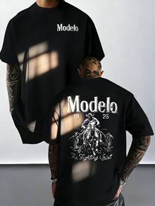 1pc Modelo Graphic Print Men's 100% Cotton T-Shirt,  Casual Sports Style Top T-Shirt,  Fashionable Street Style, Suitable For Travel And Sports Wear - màu đen - Xem 6