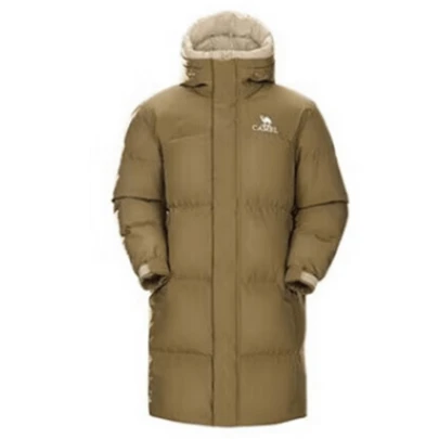 CAMEL CROWN 男士户外长款防风保暖羽绒服，加厚连帽羽绒大衣，适合徒步旅行