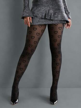 Plus Size Women's Black "Floating Heart" Semi-Sheer Pantyhose/Tights, Romantic And Graceful, Radiating Understated Charm