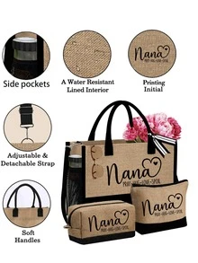 3-Piece Linen Tote Bag Set, Featuring Nana Love Letter Pattern, Fashion Handbag, Wallet, Portable Casual Storage Tote Bag, Large Capacity Tote, Multifunctional Shoulder Bag, Handbag, Fashionable Travel Storage Bag, Hygiene Bag, Perfect For Holiday, Birthday, Valentine's Day, Autumn/Winter Gifts - Multicolor - View 7