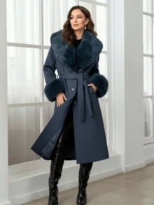 Women's Wool Blend Coat With Faux Fur Collar, Cuffs And Belt - Fashionable Long Jacket For Cold Weather - Light Blue - View 6