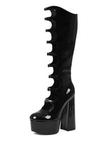 Goth Y2K Platform Knee High Boots For Woman Sexy Hollow Out Buckle Chunky Heels Side Zipper Women's Boots Lolita Dancing Party Shoes - màu đen - Xem 4