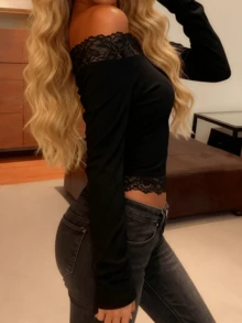 Onicee 女士夏季上衣，黑色蕾丝边露肩休闲上衣，适合情人节、约会、聚会、派对、旅行、度假、海滩等场合。 - 黑色 - 查看 4