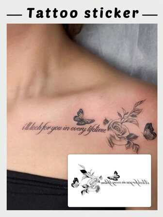 1pc Washable, Waterproof, Sweat-Resistant, Non-Reflective Temporary Tattoo Sheet With Fashionable, Artistic Rose, Butterfly, English Letter, Inspirational Designs, Suitable For People, Festivals, Parties, Weddings, Valentine's Day