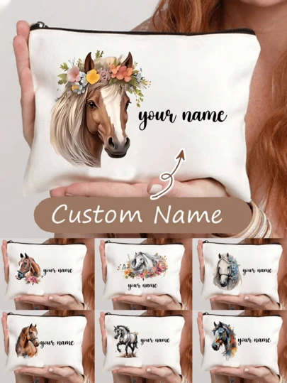 Bolsa de maquillaje personalizada con diseño floral de caballo - Ligera, plegable, con cremallera para mujeres y amantes de los caballos - Regalo perfecto para fiestas, multicolor, sin defectos, 1 pieza, estilo de moda, bolsa de cosméticos con estampado de caballo, bolsa de aseo de viaje ligera con bolsillo con cremallera, regalo ideal para niñas, regalos para mujeres, regalos para mamá, regalo de Año Nuevo, regalo de San Valentín