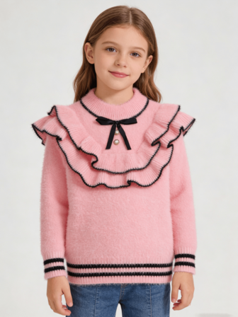 Girls' Warm Double-Layer Ruffle Fuzzy Knit Pullover Sweater, Children Knitted Sweater, Elegant Style For Young Girl Autumn/Winter