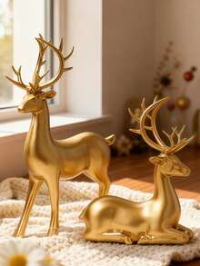 两件套金色驯鹿雕像 - 闪亮树脂驯鹿摆件，配以优雅的鹿角，适合家居装饰、桌面摆放、壁炉架、窗台和壁炉装饰，是室内派对、家庭聚会的理想之选，也是馈赠朋友的独特礼物。 - 彩色 - 查看 2