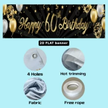 2D Flat 1pc 60th Happy Birthday Banner Sign Gold Glitter 60 Years Birthday Party Decorations Supplies Anniversary Celebration Background, Multipurpose Decor, Holiday Gift, Polyester Material, No Power Required - Black - View 5