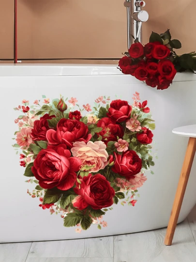 1pc Red Rose Heart Shaped Wall Sticker For Bedroom, Living Room, Study, Suitable For Holiday Decoration, Removable Semi-Matte Self-Adhesive Wall Decal, Home Decor Sticker, Vinyl Decal, Spring Decoration, Adds Vitality To Your Home, Rama Decorative Sticker Gift, Birthday & Graduation Gift