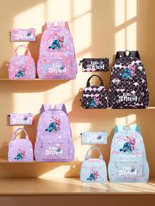 3pcs Stitch Backpack Set - College Style Nylon Material With Adjustable Shoulder Strap, Zipper Closure And Laptop Compartment, Including Handbag And Pencil Case - Lightweight Large Capacity, Machine Washable, Suitable For Commuting, Back To School And Travel - Multicolor - View 2