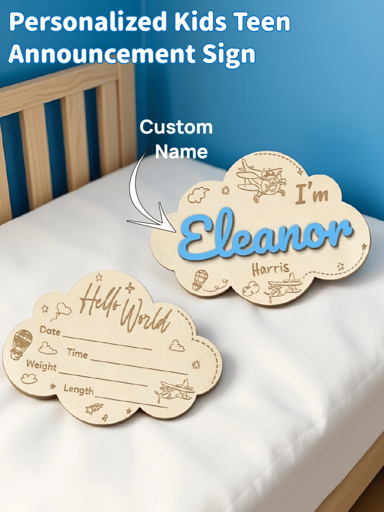 1pc Customized Children & Teenager Birth Announcement Sign, Personalized Newborn Name Wooden Butterfly Shaped Plaque, 2 Sizes Available, Round Wooden Birth Name Sign, Hello World Reveal Photo Prop, Perfect Keepsake For New Parents, Baby Birth Announcement Wooden Plaque, Boy & Girl Baby Letter Pattern Monthly Milestone Cards, Hello World Newborn Sign, Baby Name Reveal, Newborn Gift, Back To School Gift, Baby Gift, Children Gift, New Mom Gift - 雲朵飛機 - 查看 1