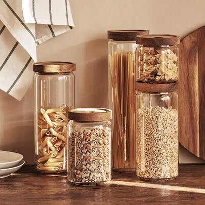1pc Large Capacity High Strength Silicone Glass Flour And Sugar Canister, Glass Food Storage Jar With Bamboo Lid, Glass Jar With Airtight Lid, Suitable For Pasta, Rice, Cereal, Candy, Coffee, Oats, Etc.