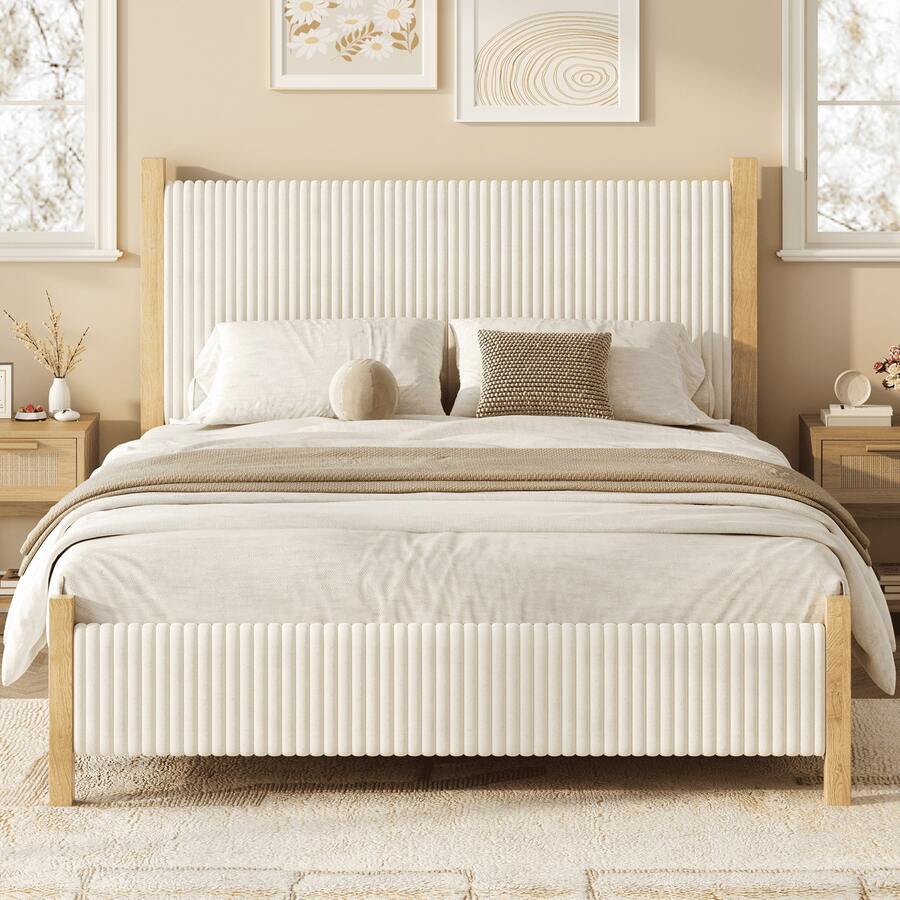 Queen Bed Frame With Headboard, Upholstered Bed Frame With Wooden Headboard And Footboard Support, No Box Spring Needed, Easy Assembly, Full/ Queen/ King, Beige/ White/ Black - Màu be - Xem 1