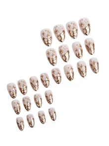 24片个性化复古街头风简约优雅3D金色不对称金属星尘水钻装饰法式杏仁形假指甲套装，瞬间提升您的造型。适合优雅时尚的女孩和女士日常佩戴。按压式美甲贴纸，美甲用品。指甲 - 金色 - 查看 4