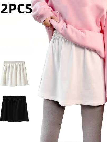 2pcs Underskirt, Knee-Length Skirt, Hem Sweatshirt Undergarment, Mid-Thigh Slip, Solid Color Split Hem Skirt Lining
