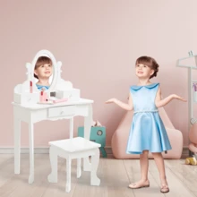 Tocador infantil con espejo de ángulo ajustable, color rosa, con silla, ideal para niñas de 3 a 8 años, ideal para cumpleaños y Navidad. - Blanco - Ver 7