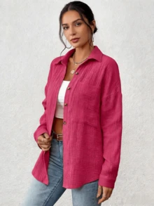 Women's Loose Fit Long Sleeve Lapel Button-Shirt - Drop Shoulder Casual Top With Tassel Detail, Solid Color For Fall Winter, Versatile Layering Piece, Fall/Winter Fashion, Relaxed Style, Stylish Detailing, Fashion LoversWomen's Winter WearWomen's Fall ClothingWomen's Fall OutfitsStylish Fall PiecesWomen's Winter JacketsLoungewearHome WearDefine JacketSports JacketSki Clothes WomenZip Up JacketsFitted JacketWinter Coat For WomenAbrigos De Invierno Para MujerWomen's Winter Clothing Of Women's Winter ClothingWomen's Winter FashionWomen's Winter Promotion Of Women's Winter ClothingChristmasHalloweenChristmas Gift - Phiên bản nâng cấp màu đỏ - Xem 3