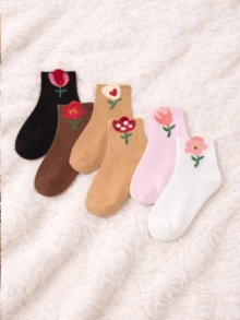 6 Pairs Of Children's Mid-Calf Socks With Small Floral Designs, Featuring Cute Flower Embroidery. Suitable For Kids And Perfect For Both Boys And Girls. The Socks Are Soft, Comfortable, And Breathable, Making Them An Ideal Gift For Boys And Girls In Spring, Summer, Autumn, And Winter.