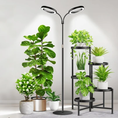 室内植物生长灯，全光谱LED落地式植物生长灯，带支架，高度和角度可调，黑色植物灯，带3/9/12小时定时功能