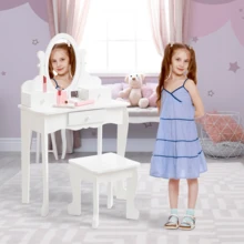 Tocador infantil con espejo de ángulo ajustable, color rosa, con silla, ideal para niñas de 3 a 8 años, ideal para cumpleaños y Navidad. - Blanco - Ver 5