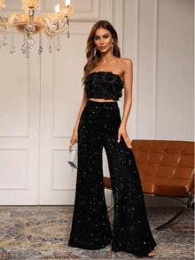 And Fashionable Women's Suit, One Neck Strapless, Applique Technique, Mid Waist Slimming Pants, Solid Color Sequins, Fashionable Casual Wide Leg Pants, Cocktail Party, Party, Christmas, Nightclub, Banquet, Film Festival, Cinema, Dance Party, Cocktail Party, Bar, Wedding, Graduation Ceremony, Back-To-School, Birthday Party, Rebellious Girl, Festival-Themed Party, Outwear, Street Fashion, Fashion Show, Date, Easter, Mother's Day, Going To Work At University, School, Village, Concert, Street Girl, Young Girl, Country Outfits For Women, Best Outwear For Women, Women's Vacation Clothing, Country Concert Outfit, Country Outfits For Women, Streetwear, Concert Outfit For Women, Boho Women's Clothing, Country Concert Outfit, Concert Outfits, Vaquera Outfit, Y2K Clothes, Women's Club Outfits, Y2K Women's Clothes, Women's Clothing, Country Concert Outfit For Women - 黑色 - 查看 2