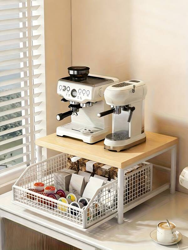 1 st förvaringslåda för kaffekapslar, modernt mikrovågsställ med dubbla lådor i köket, robust struktur i naturligt trä och metall, platsbesparande förvaringslåda för bänkskiva för apparater, porslin, verktyg, köksorganisation