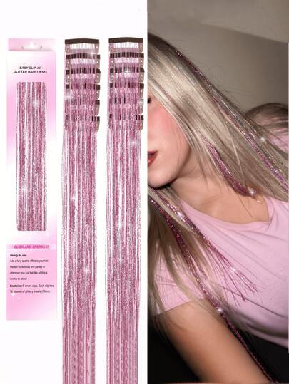 Hair Tinsel Clip In Pack Of 10Pcs 20 Inch Clip In Hair Tinsel Pink Glitter Tinsel Hair Extensions Clip In Fairy Hair Tinsel Clips Hair Accessories For Girls Women