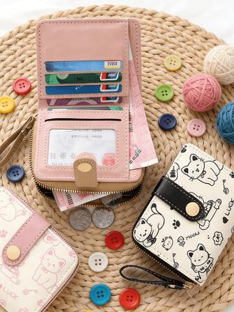 Plånbok med kawaii-kattdesign för kvinnor och flickor, kort plånbok i japansk stil med katttema, med en söt tecknad kattdesign, en plånbok med dragkedja, korthållare och ID-kortsfack, myntväska med stor kapacitet, för kattälskare