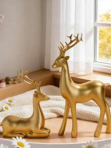 两件套金色驯鹿雕像 - 闪亮树脂驯鹿摆件，配以优雅的鹿角，适合家居装饰、桌面摆放、壁炉架、窗台和壁炉装饰，是室内派对、家庭聚会的理想之选，也是馈赠朋友的独特礼物。 - 彩色 - 查看 5