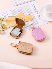 Zipper PU Leather Glitter Earphone Protective Case, Multifunctional Waist Hanging Coin Purse Keychain Pouch For Bluetooth Earphones - Multicolor - View 2