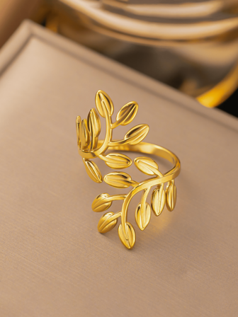 1 anillo de hoja de acero inoxidable para mujer, banda ancha con decoración floral