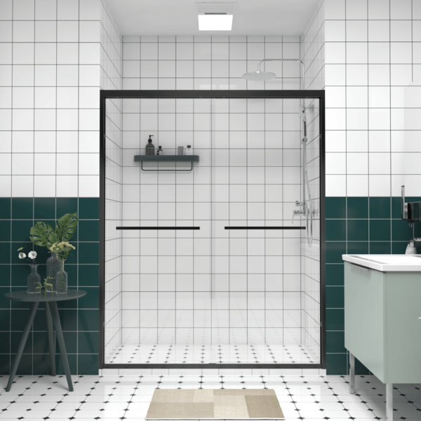 56-60"X74" Aluminum Frame Double Sliding Shower Door,Bypass Bathroom Sliding Door With Premium 1/4" (6mm) Clear Tempered Glass, Black Hardware Sliding Glass Shower Enclosure,Matte Black Finished