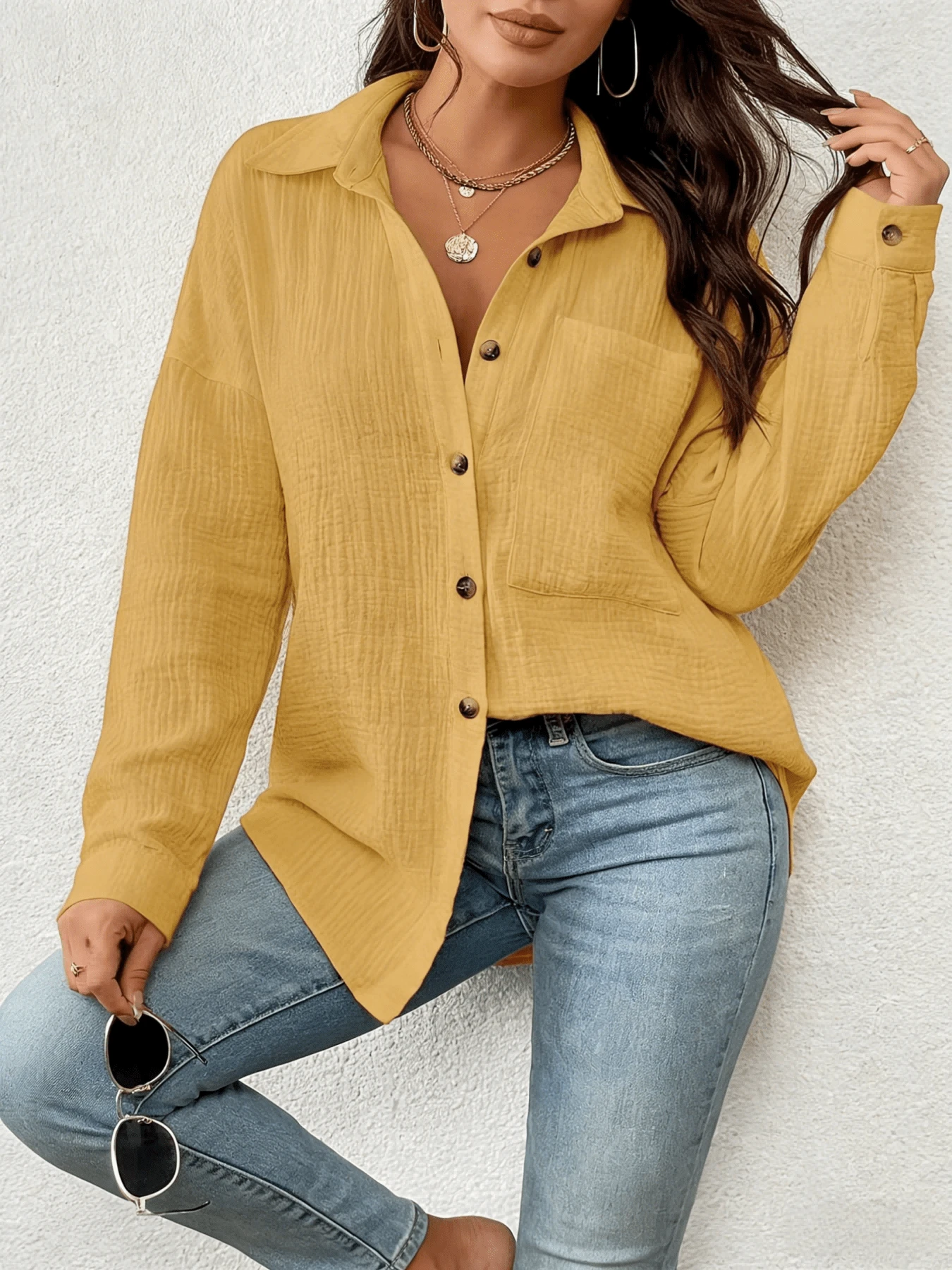 Women's Oversized Button-Up Shirt, Long Sleeve Collared Casual Blouse With Chest Pocket, Soft Cozy Women's Spring Fall Clothing, Western Outfits For Women, Valentine Outfits For Women, Valentine's Day, New Years Outfit Women, Christmas Outfit Women, Women's Spring Fashion, Women's Spring Promotion, Women Curve, Holiday Gift, Office & Casual Attire - 黃色升級款 - 查看 1