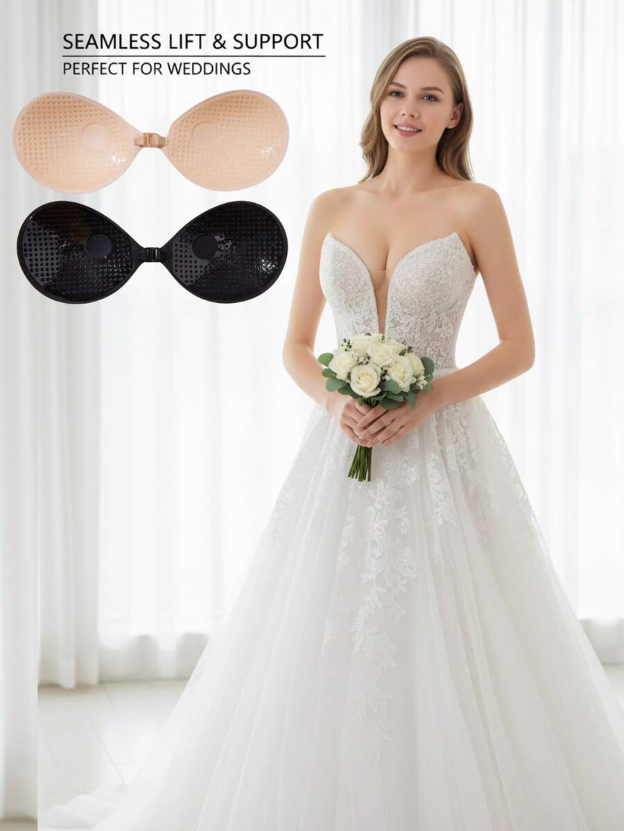 2pcs Front Closure Self-Adhesive Bras, Skin Tone + Black, Wash After Wearing To Maintain Adhesiveness - Multicolor - View 1