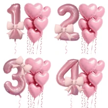 7pcs Pink Number Balloon Set, Heart Balloons And Bows, Numbers 1-9 - Soft Tones, Suitable For Baby Shower Decor, Girl's Birthday Party Decor, Christening, Baby Shower, 1-9 (Birthday, Anniversary) Party Supplies, Number Balloons, Foil Balloons, Valentine's Day Wedding Mother's Day Decor - Pink - View 3