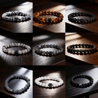 1 pieza Pulsera minimalista y retro de alta gama para hombre con piedra de ojo de tigre, turquesa, piedra volcánica, cuentas redondas lisas, pulsera elástica de pareja, regalo