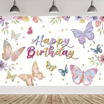 Fondo de fotografía con tema de primavera de mariposas y flores coloridas para decoración de fiesta de cumpleaños, telón de fondo para mesa de pastel