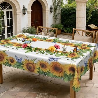 1 pieza/36 piezas Mantel con diseño de girasoles y limones anti-arrugas, con borde en relieve, rectangular/redondo, disponible en varios tamaños, de fibra de poliéster, para uso interior en comedor u exterior en fiestas