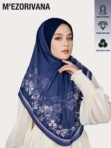 1pc Floral Print Bohemian Polyester Chiffon Hijab With Rhinestone Embellished Brim, All Season - One-piece Diamond-encrusted Hat With Brim - View 11