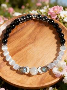 1 pièce Bracelet d'énergie lunaire Tourmaline noire Sélénite et Charme de phase de lune en hématite Bracelet en cristal d'étirement pour l'équilibre, le nettoyage et la guérison - Multicolore - Voir 2