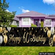 2D Flat 1pc 60th Happy Birthday Banner Sign Gold Glitter 60 Years Birthday Party Decorations Supplies Anniversary Celebration Background, Multipurpose Decor, Holiday Gift, Polyester Material, No Power Required - Black - View 3