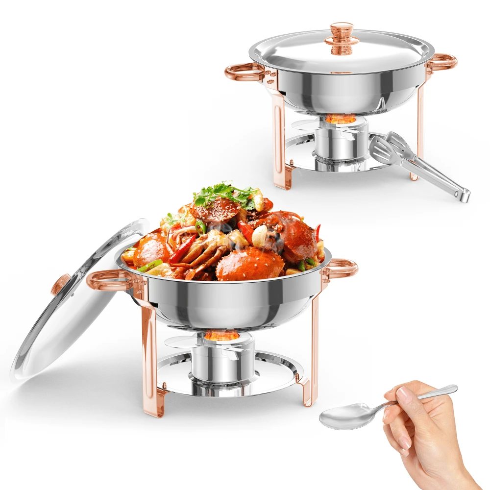 Fuente de Calor para Buffet Redonda de 5 QT Oro Rosa, Juego de Acero Inoxidable con Soporte de Tapa + Cuchara y Pinzas, Ideal para Fiestas y Bodas - Dorado - Ver 1